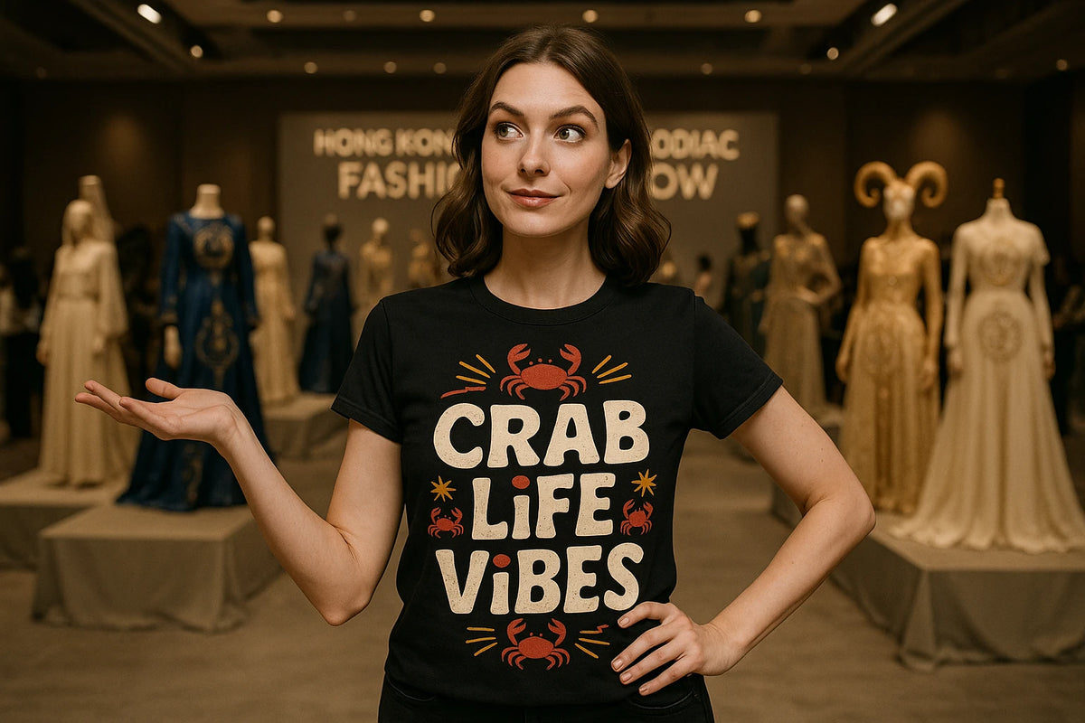 Lifestyle shot of the "Crab Life Vibes" black zodiac shirts in a real-world setting