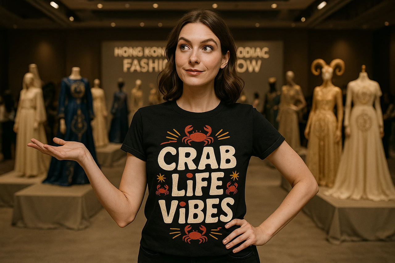 A person with brown hair, smiling slightly, stands in a fashion exhibit room. They are wearing a black t-shirt with the text "CRAB LIFE VIBES" along with crab and firework illustrations. Behind them, various mannequins display elaborate dresses. The background sign reads "HONG KONG ZODIAC FASHION SHOW". The person is holding one hand up in a casual gesture.
