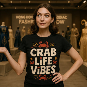 Lifestyle shot of the "Crab Life Vibes" black zodiac shirts in a real-world setting