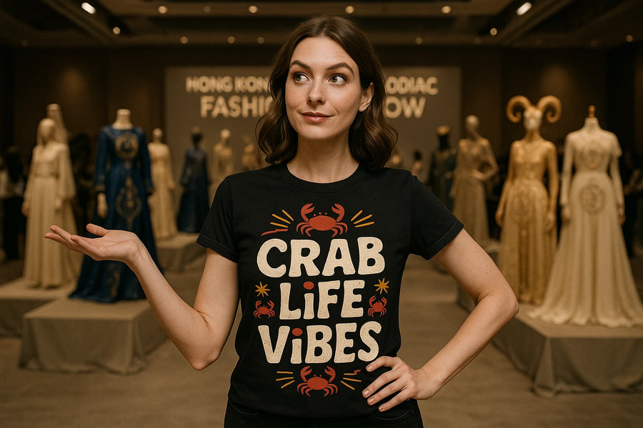 A person with brown hair, smiling slightly, stands in a fashion exhibit room. They are wearing a black t-shirt with the text "CRAB LIFE VIBES" along with crab and firework illustrations. Behind them, various mannequins display elaborate dresses. The background sign reads "HONG KONG ZODIAC FASHION SHOW". The person is holding one hand up in a casual gesture.