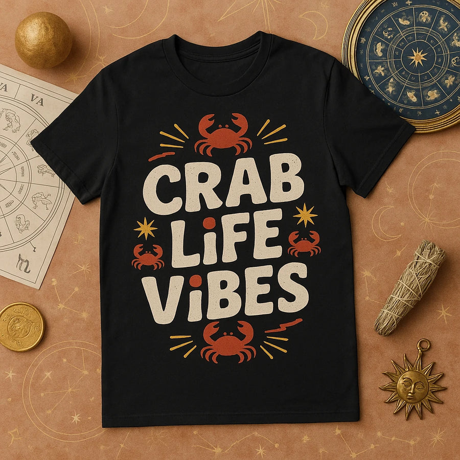 A black t-shirt with the text "CRAB LIFE VIBES" surrounded by illustrations of crabs and stars in red and beige. The shirt is laid on a flat surface decorated with astrological elements like a zodiac wheel, a sun ornament, a horoscope chart, a golden sphere, and a smudge stick.