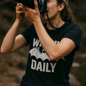"Wingin It Daily" black batwing tshirt, photographed as gifts for bat lovers