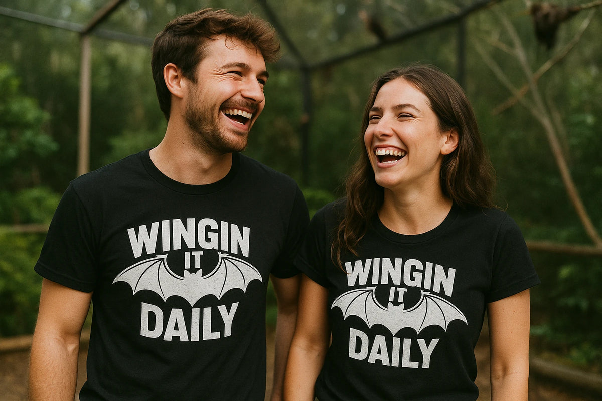 Person wearing the black batwing tshirt graphic tee - "Wingin It Daily" design