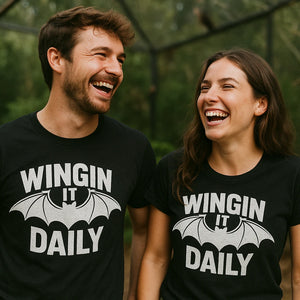 Person wearing the black batwing tshirt graphic tee - "Wingin It Daily" design