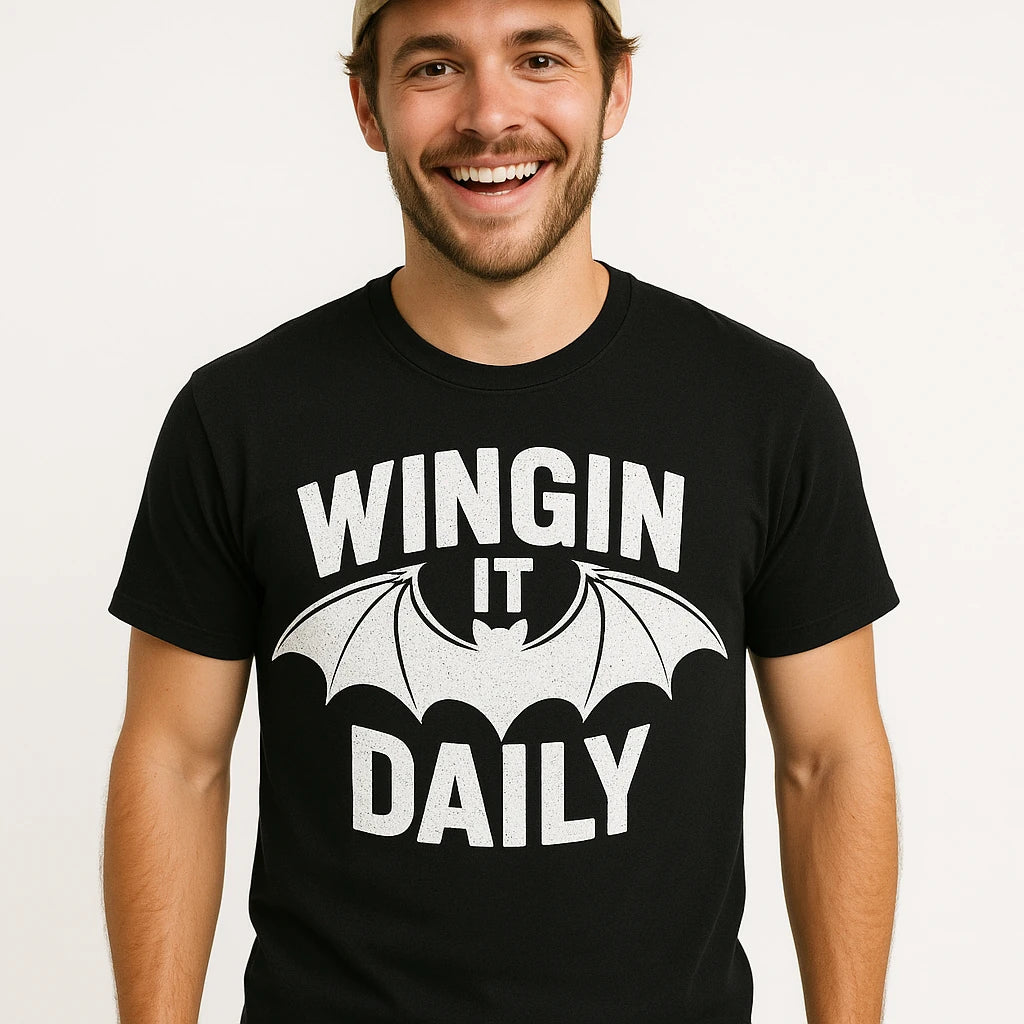 Close-up of the "Wingin It Daily" white print on a premium Bella+Canvas black batwing tshirt