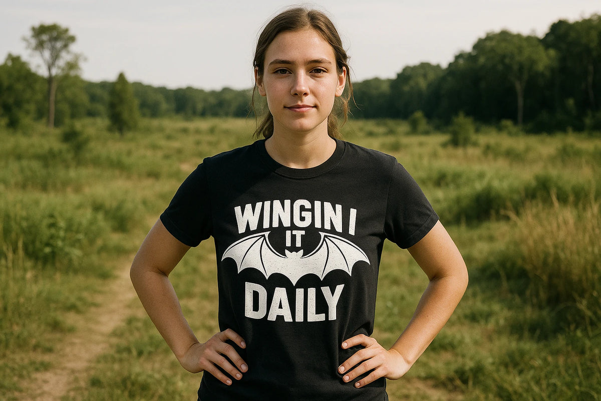 Lifestyle shot of the "Wingin It Daily" black batwing tshirt in a real-world setting