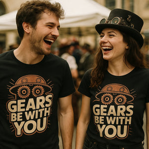 Person wearing the black steampunk shirts graphic tee - "Gears Be With You" design