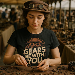 Lifestyle shot of the "Gears Be With You" black steampunk shirts in a real-world setting
