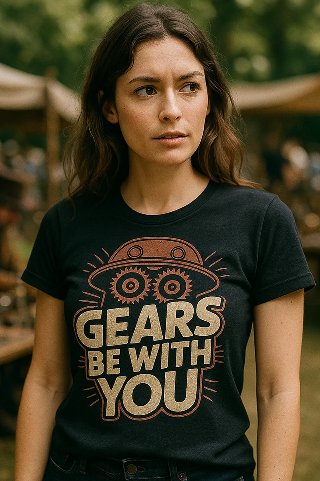 "Gears Be With You" black steampunk shirts, photographed as steampunk lover gift