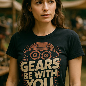 "Gears Be With You" black steampunk shirts, photographed as steampunk lover gift