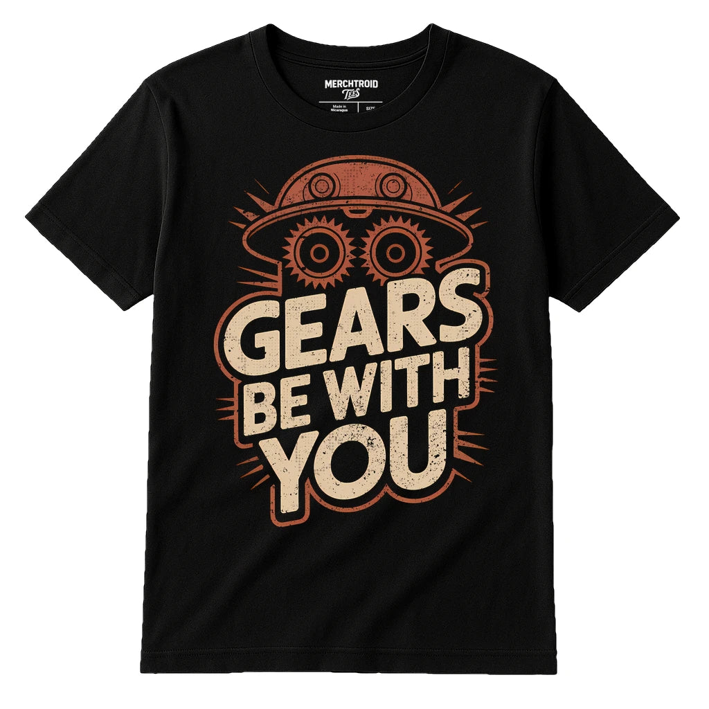 Black Steampunk Shirts - "Gears Be With You" graphic tee with tan print, flat lay product photo