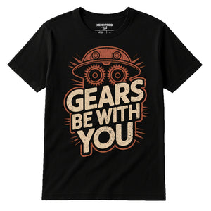 Black Steampunk Shirts - "Gears Be With You" graphic tee with tan print, flat lay product photo