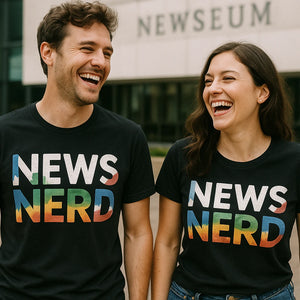 Person wearing the black journalist t shirt graphic tee - "News Nerd" design