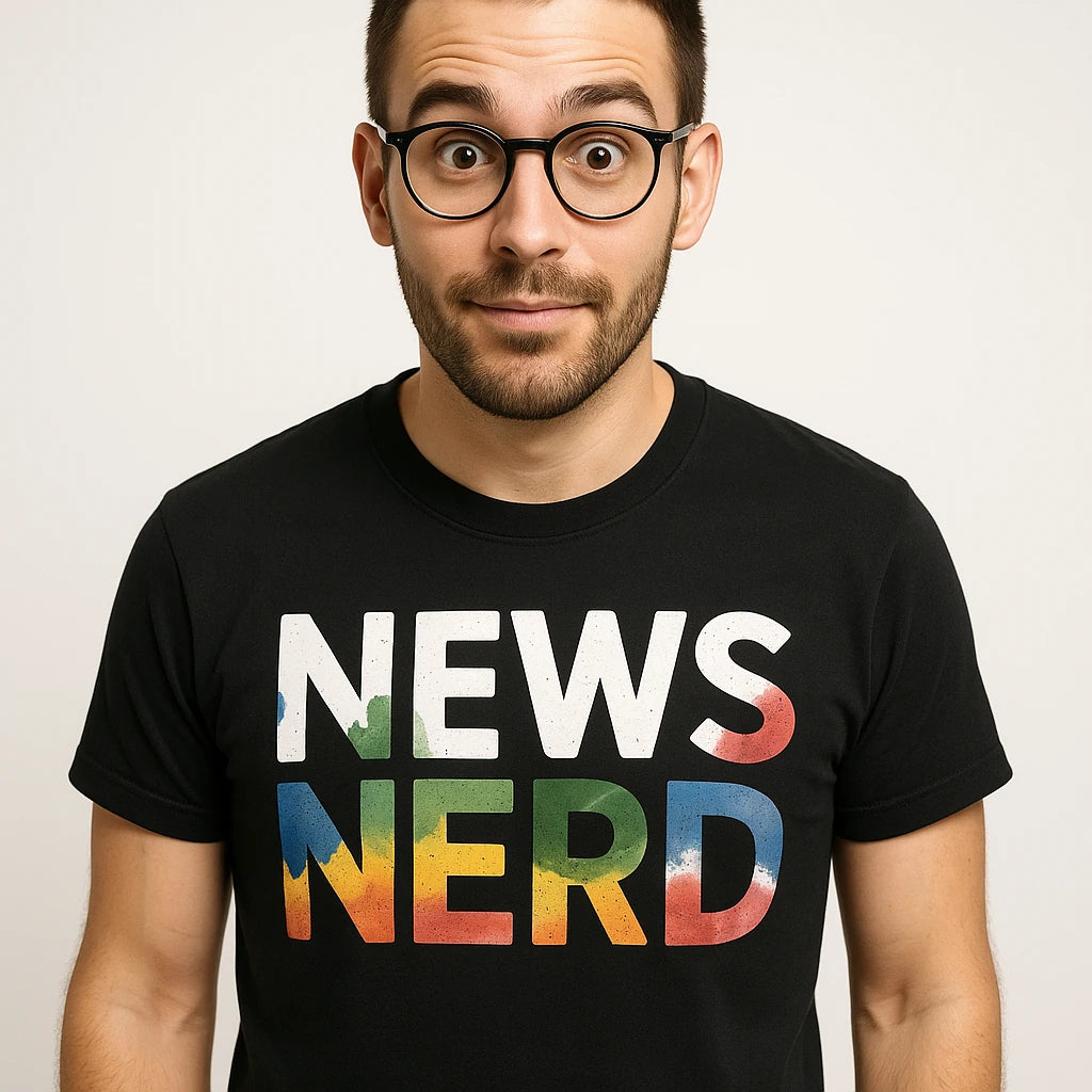 Close-up of the "News Nerd" gray print on a premium Bella+Canvas black journalist t shirt