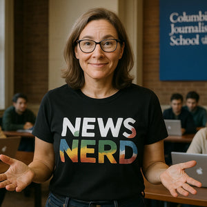 Lifestyle shot of the "News Nerd" black journalist t shirt in a real-world setting
