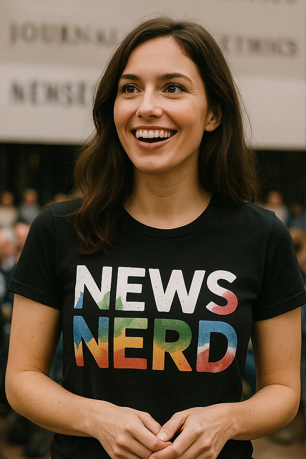 "News Nerd" black journalist t shirt, photographed as journalist lover gift