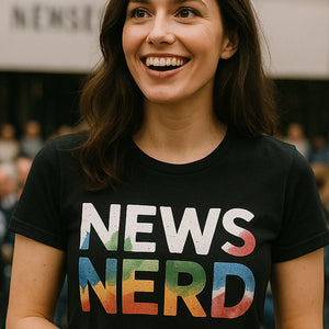 "News Nerd" black journalist t shirt, photographed as journalist lover gift