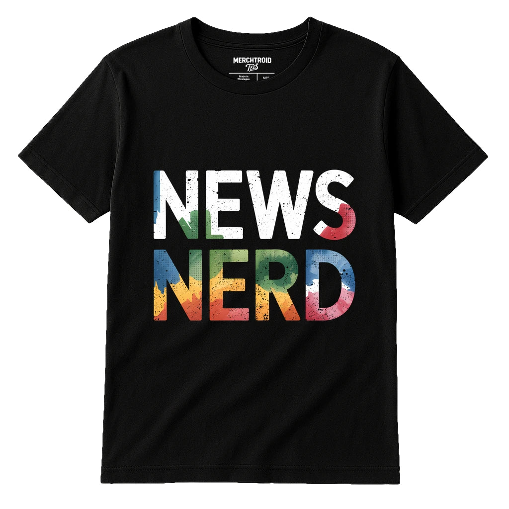 Black Journalist T Shirt - "News Nerd" graphic tee with gray print, flat lay product photo