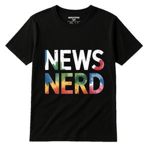 Black Journalist T Shirt - "News Nerd" graphic tee with gray print, flat lay product photo