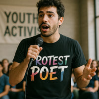 A person with short curly hair is speaking into a microphone passionately. They are wearing a black T-shirt with colorful letters that say 