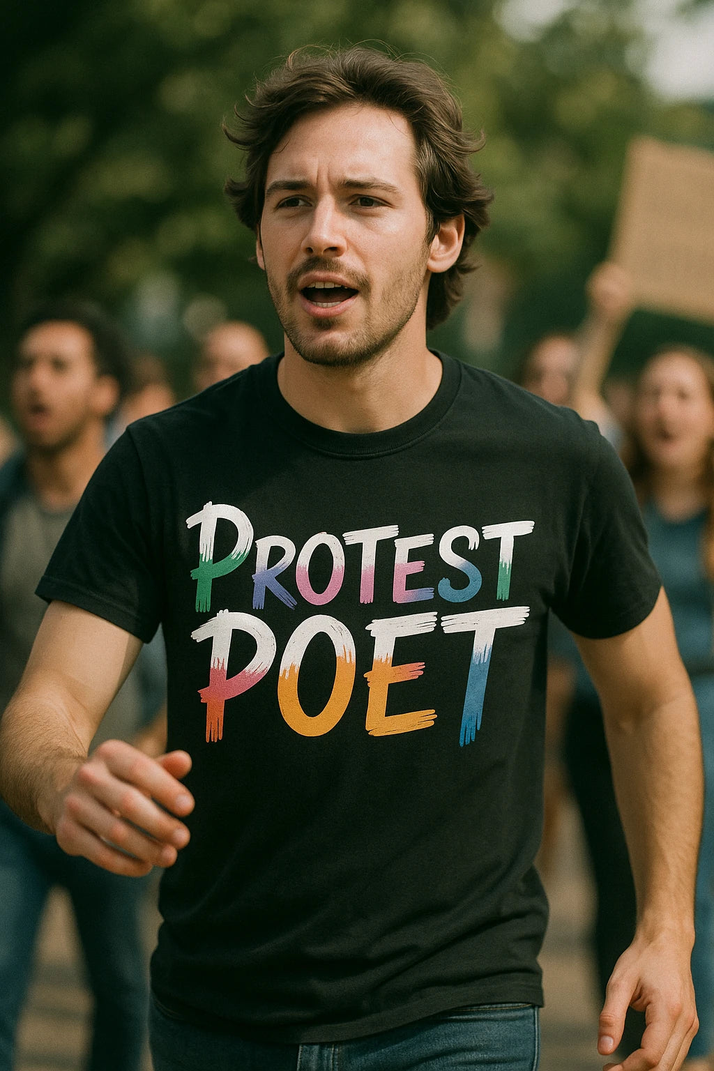 A person with medium-length dark hair is wearing a black T-shirt with the words "PROTEST POET" in colorful, artistic letters. The person appears to be part of a group of people, possibly at a rally or protest, with others blurred in the background.