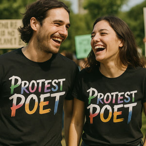 Person wearing the black activism t shirt graphic tee - "Protest Poet" design