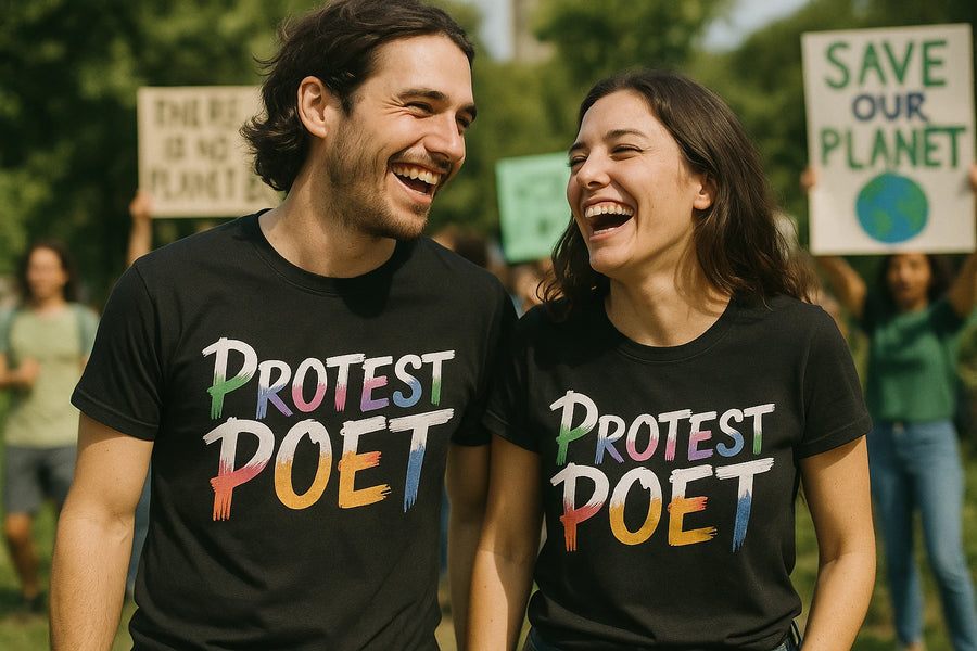 A man and a woman are smiling and wearing matching black T-shirts with the words "PROTEST POET" in a colorful font. They are outdoors at a protest with signs in the background saying "SAVE OUR PLANET" and "THERE IS NO PLANET B." The atmosphere is lively and positive.
