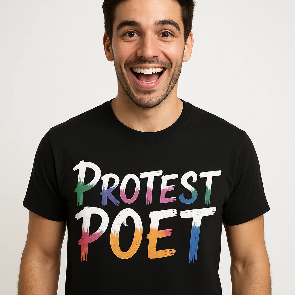 A person with short dark hair is smiling widely at the camera, wearing a black T-shirt with the words "PROTEST POET" in colorful, artistic lettering.