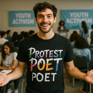 Lifestyle shot of the "Protest Poet" black activism t shirt in a real-world setting