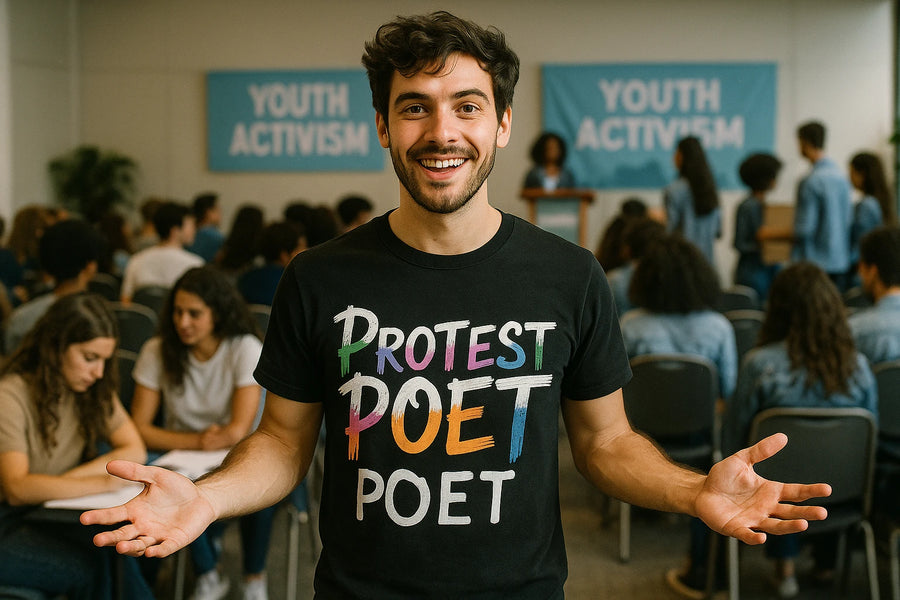 A person is smiling and standing in front of a group seated in a room with "YOUTH ACTIVISM" banners. They are wearing a black t-shirt with multicolored text that says "PROTEST POET POET."
