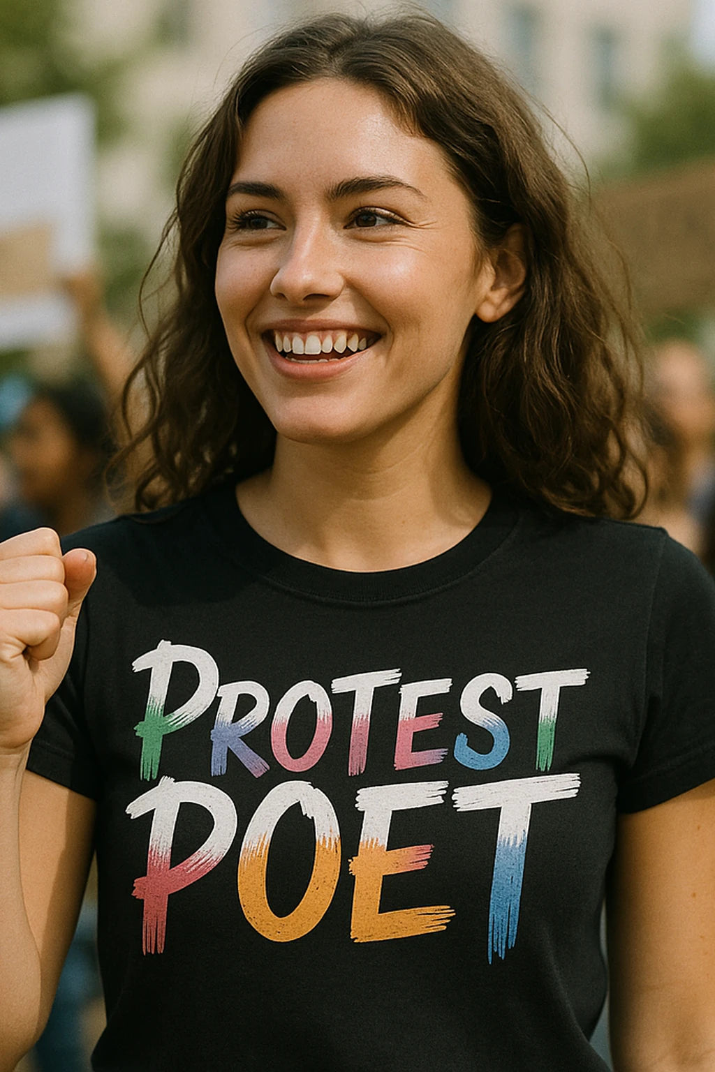 A smiling person with long, wavy hair is wearing a black shirt with the words "PROTEST POET" in colorful letters. They are outdoors, possibly at a protest, with their fist raised. The background shows blurred people holding signs.