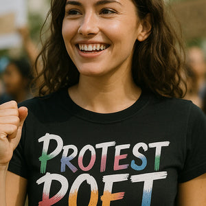 "Protest Poet" black activism t shirt, photographed as activism lover gift