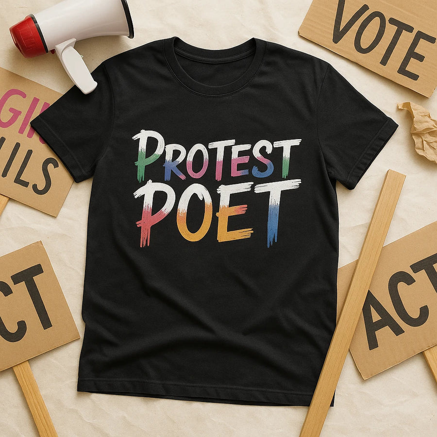 A black t-shirt with the words "PROTEST POET" in colorful, brushstroke-style text. It is surrounded by a megaphone and cardboard signs with partially visible words like "VOTE," "GIVE," and "ACT" on a beige background.