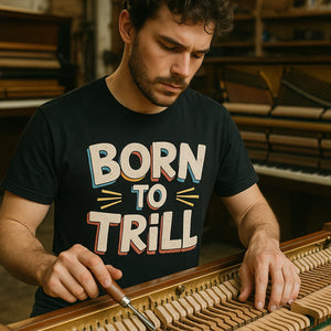 "Born To Trill" black piano t shirt, photographed as gifts for piano enthusiasts