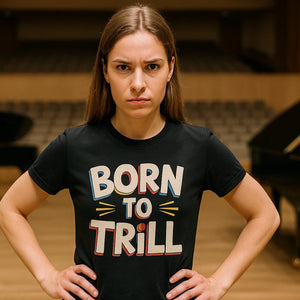 Lifestyle shot of the "Born To Trill" black piano t shirt in a real-world setting