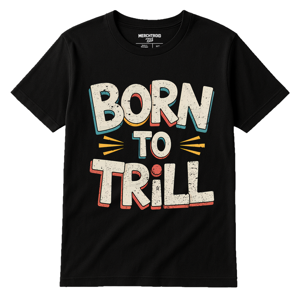 Black Piano T Shirt - "Born To Trill" graphic tee with cream print, flat lay product photo