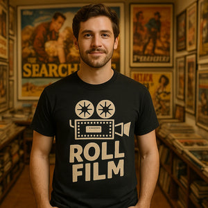 Lifestyle shot of the "Roll Film" black graphic tee in a real-world setting