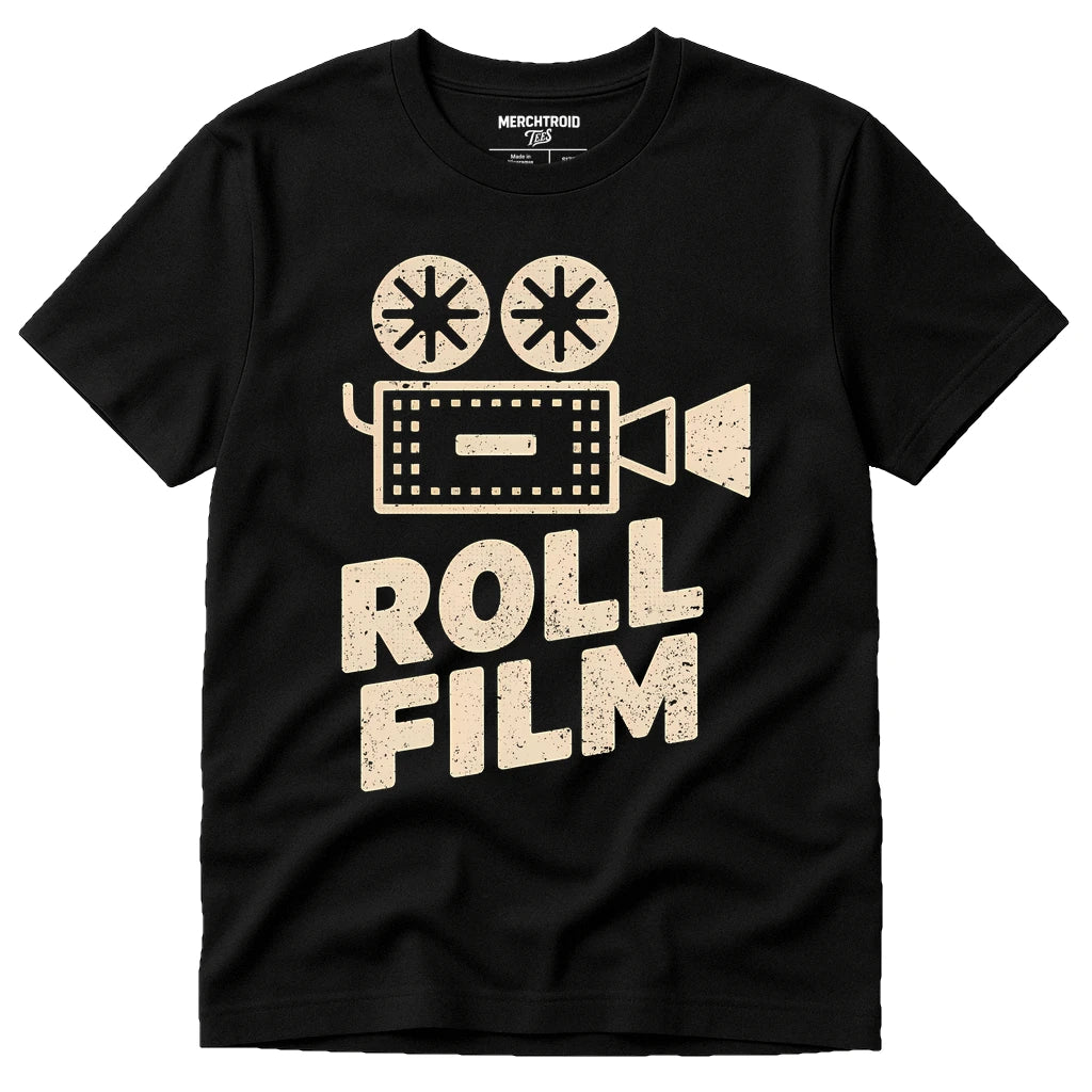 Black Graphic Tee - "Roll Film" graphic tee with cream print, flat lay product photo