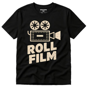 Black Graphic Tee - "Roll Film" graphic tee with cream print, flat lay product photo