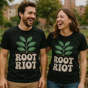 Person wearing the black gardening shirts graphic tee - "Root Riot" design