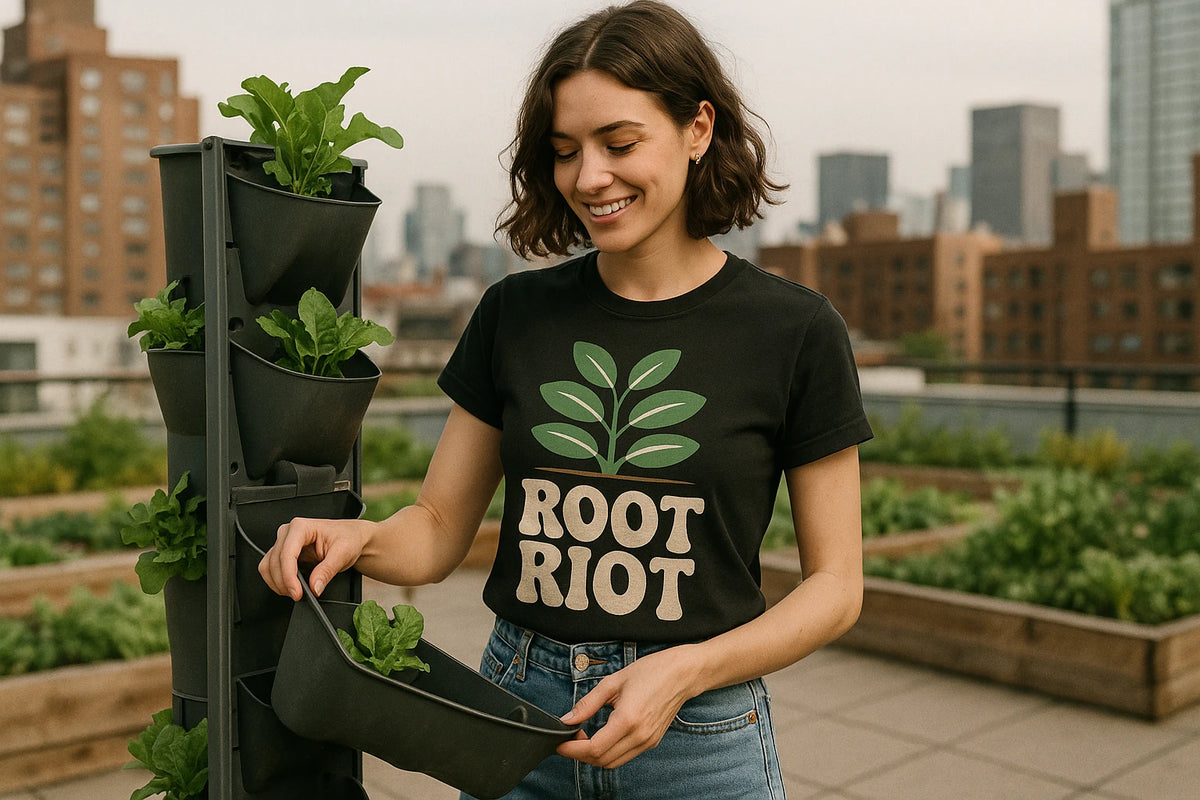 Lifestyle shot of the "Root Riot" black gardening shirts in a real-world setting