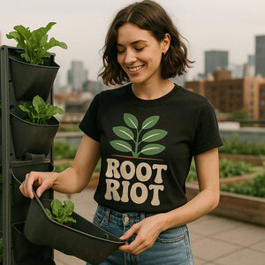 Lifestyle shot of the "Root Riot" black gardening shirts in a real-world setting