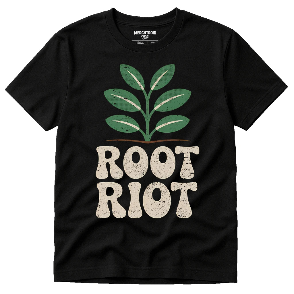 Black Gardening Shirts - "Root Riot" graphic tee with beige print, flat lay product photo