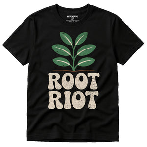 Black Gardening Shirts - "Root Riot" graphic tee with beige print, flat lay product photo