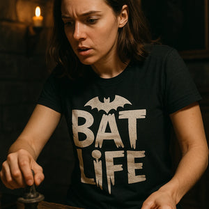 "Bat Life" black vampire's wife cat t shirt, photographed as gifts for vampire lovers