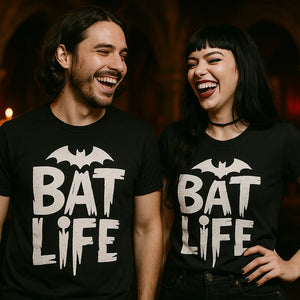 Person wearing the black vampire's wife cat t shirt graphic tee - "Bat Life" design