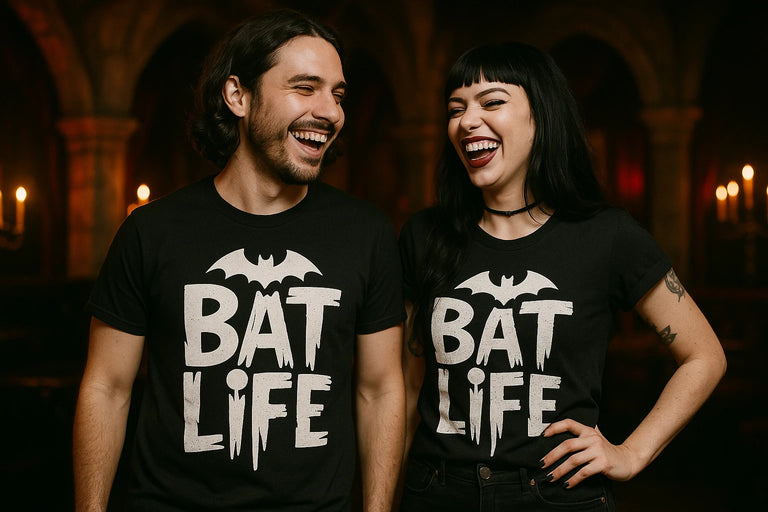 Person wearing the black vampire's wife cat t shirt graphic tee - 
