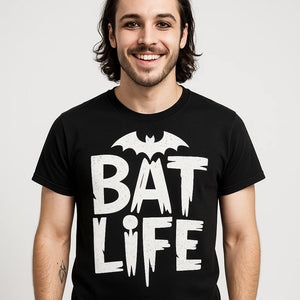 Close-up of the "Bat Life" white print on a premium Bella+Canvas black vampire's wife cat t shirt