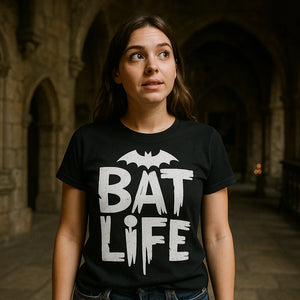 Lifestyle shot of the "Bat Life" black vampire's wife cat t shirt in a real-world setting