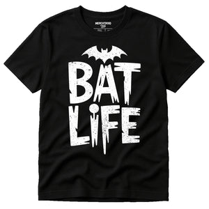 Black Vampire'S Wife Cat T Shirt - "Bat Life" graphic tee with white print, flat lay product photo
